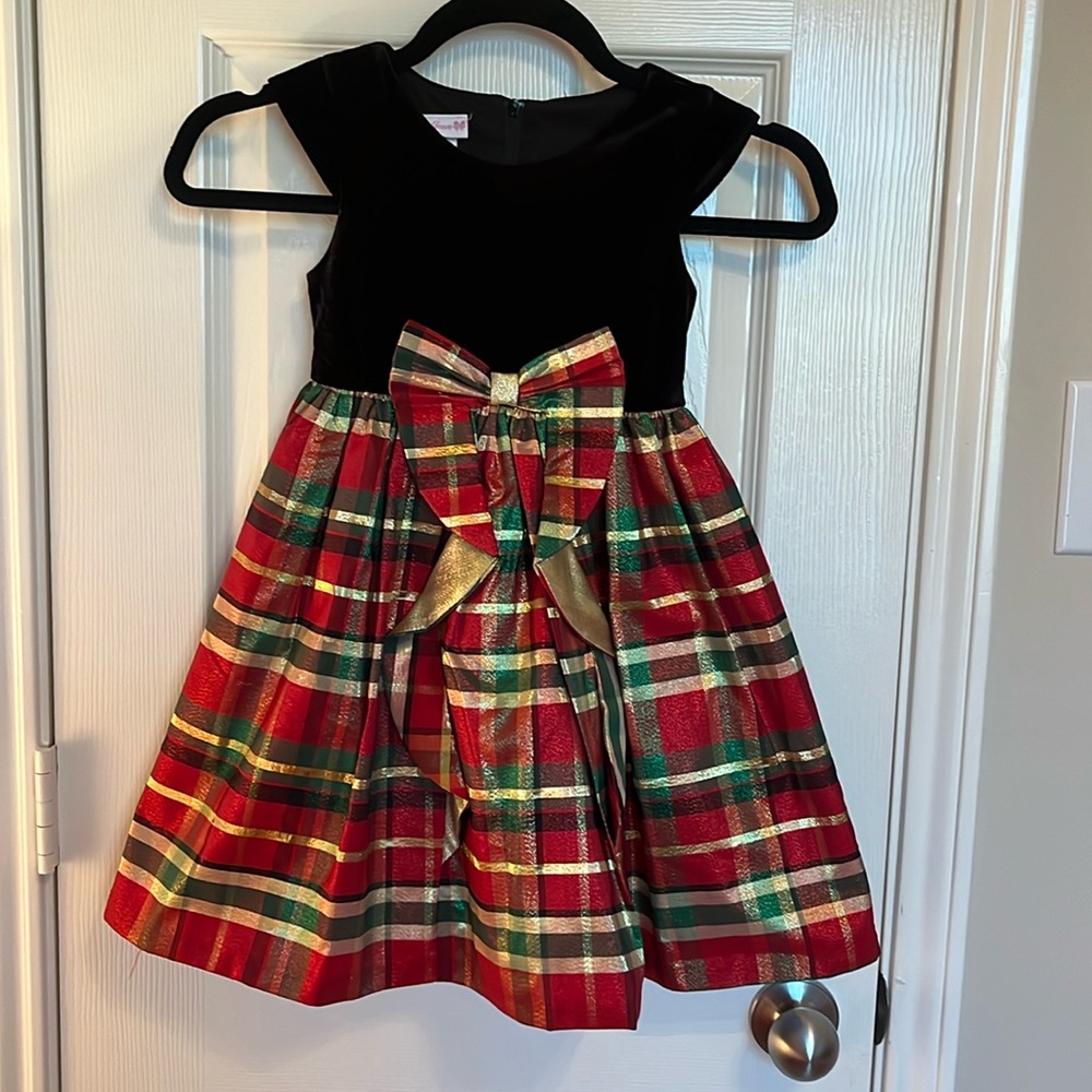 NWT Bonnie Jean Plaid Velvet Bow Dress